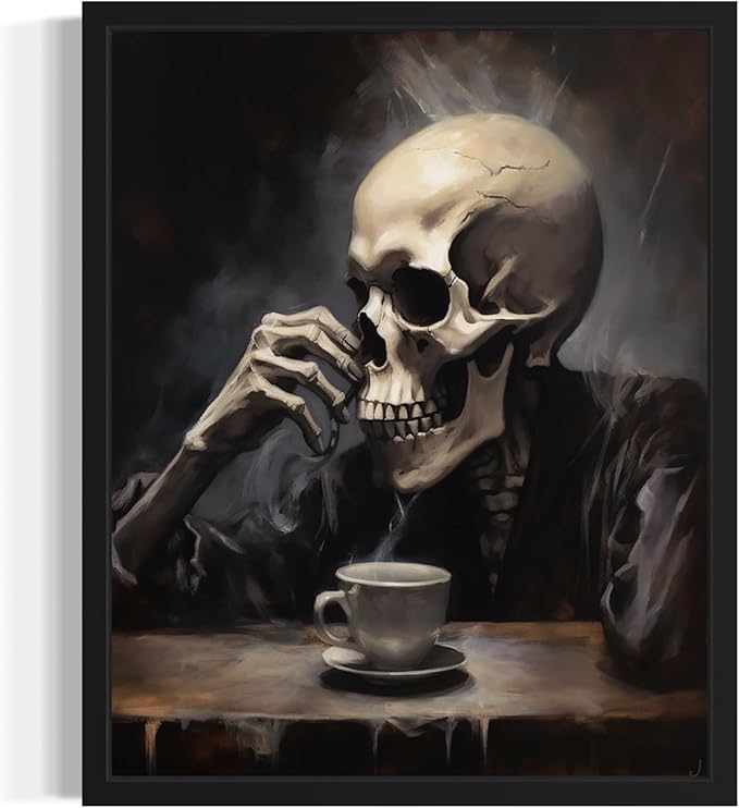 Skull Drinking Coffee Poster Art Print, Halloween Scary Vintage Wall Art Academia Spooky Painting Decoration for Horror Prints, Gothic Posters Bedroom Decor 89 (Skull Drinking Coffee, 8 x 10 inches, Unframed)