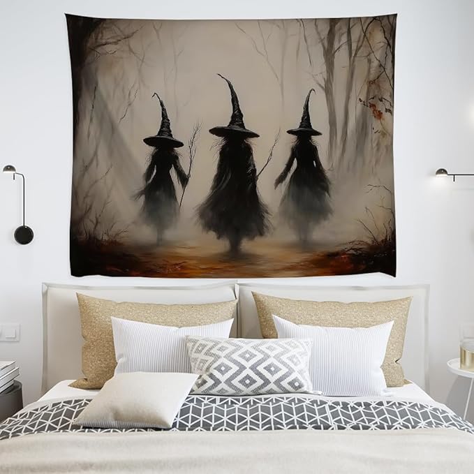 Witchy Halloween Tapestry Wall Hanging Vintage Spooky Witch Room Print Dark Academia Autumn Forest Three Witches Tapestries Decor for Halloween Living Room Bedroom Decoration 40x60inch
