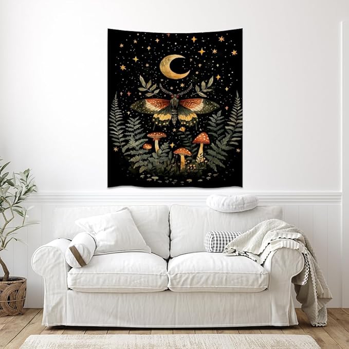 Mystical Moth Mushroom Tapestry Dark Academia Aesthetic Wall Hanging Decor Moon Star Witchy Print Butterfly Enchanted Forest Tapestries for Home Bedroom Living Room Office Decor 40x60inch