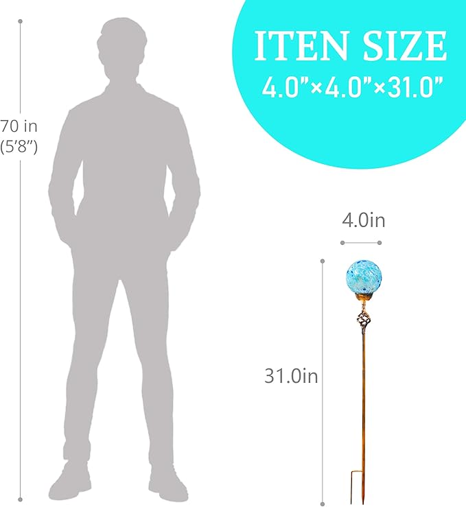 Garden Solar Lights, Decorative LED Honeycomb Glass Ball Garden Stake, Glass and Metal Outdoor Decoration, 4 x 31 Inch (Light Blue)