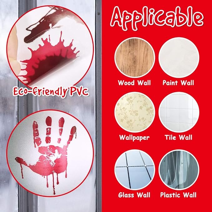 PartyGarden Halloween Decorations - 8 Sheet 86 Pcs Halloween Bloody Handprint Footprint Window Clings Wall Decal Floor Stickers for Inside Outside Home Door Scary Party Décor