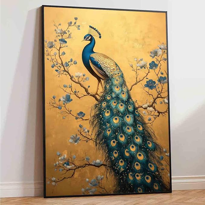 Elegance Peacock Wall Art Blue Peacock Painting Abstract Bird Wall Art Vintage Bird Poster Vintage Animal Picture Blue Animal Print Flower Modern Abstract Living Room Decor 16x24inch No Frame