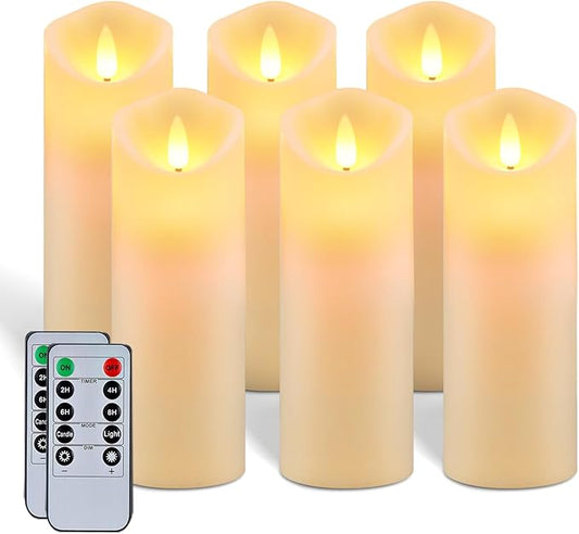 5plots 7"x 2.2" Flickering Flameless Candles, Battery Operated LED Pillar Candles with Timers and Remote Control, Made of Wax-Like Frosted Plastic, Won’t Melt, Ivory, Skinny, Set of 6