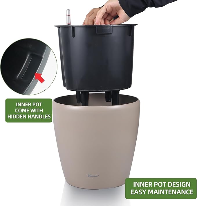 Dexceder 11x10 Inches Self Watering Planter Indoor Outdoor, Inner Pot Design, Thickened Table Flower Plant Pot with Water Level Indicator (Taupe Matte)
