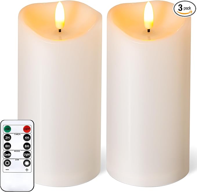 Outdoor Flameless Candles with Remote Timer - Waterproof Realistic Flickering LED Pillar Electric Battery Operated Fake Candle for Holiday Home Wedding Fireplace Decor - Ivory White 2 Pack (6"6")