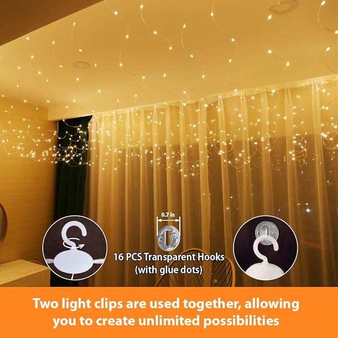 HXWEIYE 2 Pack Warm White 300LED Curtain Fairy Lights, 9.8x9.8Ft Led String Light with Rotating Clips & 12 Hooks, Timer & 8 Modes USB Plug-in DIY Decorative Light for Bedroom Indoor Outdoor Wedding