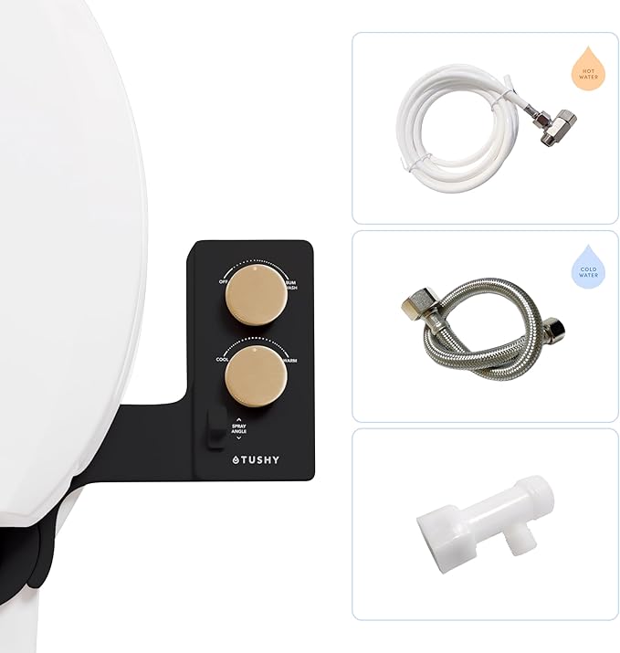 TUSHY 3.0 Spa Cool to Warm Water Bidet Attachment. Easy Universal Toilet Seat Install, Requires Sink Connection for Temperature Control. Fresh Self-Cleaning Clean Water, Noir/Gold