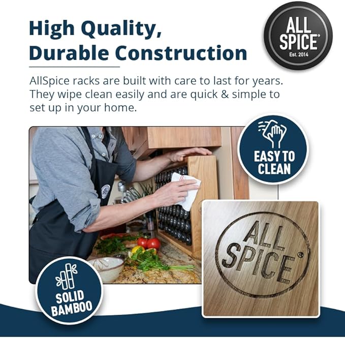 AllSpice Spice Rack Organizer, Wood, 525 Unique Labels, Countertop or Wall Mount, Includes 30 4oz Jars- Matte Black
