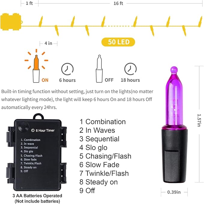 WATERGLIDE 2 Pack 50 LED Outdoor Halloween Lights, 16 FT Mini String Light with 8 Modes, Waterproof Battery Operated Tree Lights for Indoor Outdoor Patio Garden Party Wedding Decoration, Purple