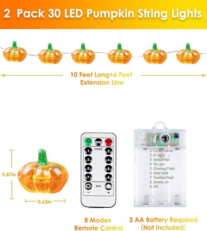 2 Pack 60LED Fall Decoration 3D Pumpkin String Lights Battery Operated, 20FT Fall Lights with Remote, Waterproof 8 Modes Fairy Lights for Autumn Harvest Thanksgiving Halloween Decor