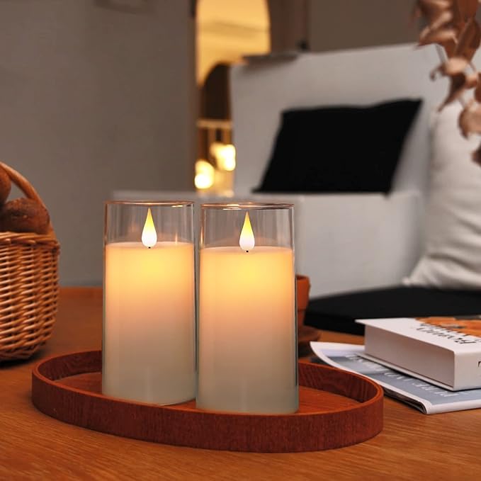 5plots 3" x 6" Pure White Flickering Flameless Candles with Clear Shell, Unbreakable Glass Battery Operated Plexiglass LED Pillar Radiance Candles with Remote Control and Timer