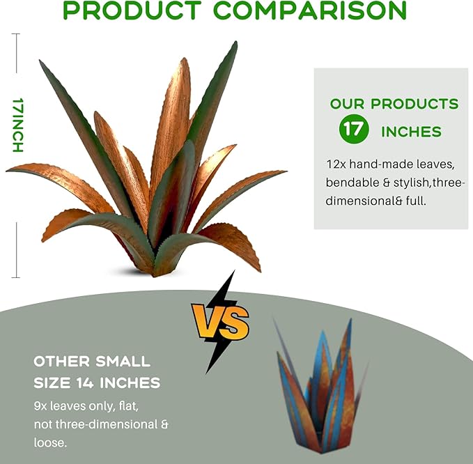 DIY Metal Agave Plant Art Yard Tequila Art Sculpture, Tequila Rustic Garden Sculpture Statue Outdoor Decor,Agave Metal Plants for Yard, Garden Lawn Ornaments (12 Leaves -Green)