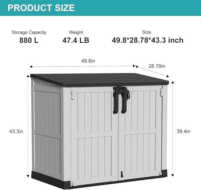Vixzen 233 Gallon Larger Outdoor Deck Box,Lockable Resin Waterproof Storage Box,UV Resistant,Weather Resistance,Outside Storage Bin for Gardening Tools,Pool Supplies, Black and White