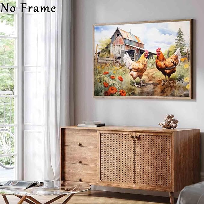 Chicken Farm Wall Art Rustic Country Painting Chickens Pictures Vintage Countryside Canvas Wall Art Barn Rustic Farmhouse Pictures Animals Wildflower Painting Living Room Decor 16x24inch No Frame