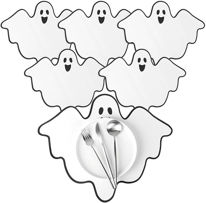 Remerry 6 Pcs Halloween Leather Table Placemats Washable Ghost Dinner Mats Easy to Clean Halloween Spooky Leather Placemats Ghost Table Mats for Holiday Kitchen Dining Party Decoration