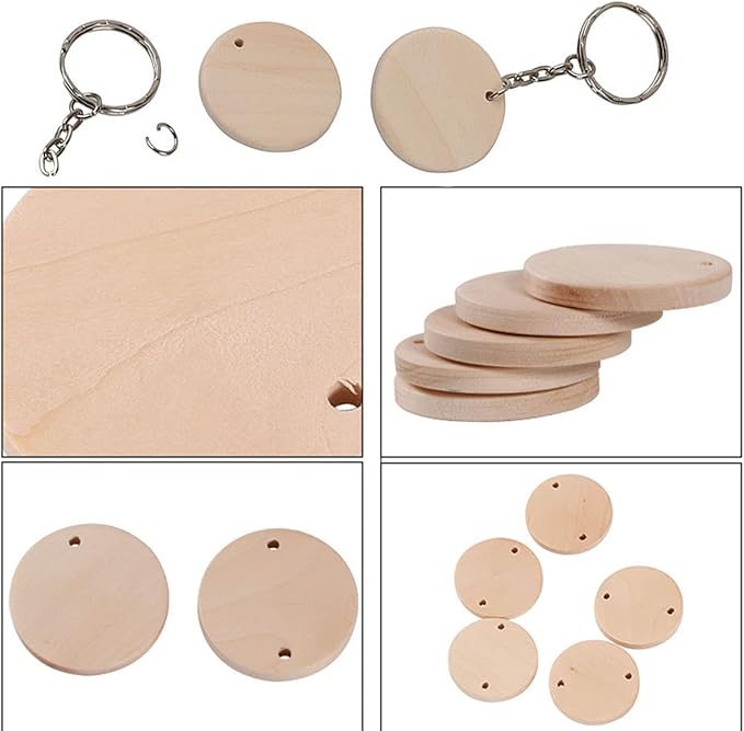 50Pcs Round Wood Circles with Keychain,Blank Round-Shaped Wooden Keychain Set with 50Pcs Wood Blanks,50 Pcs Keychain Rings with Chain,50Pcs Open Jump Rings for DIY Crafts Decorations Ornaments