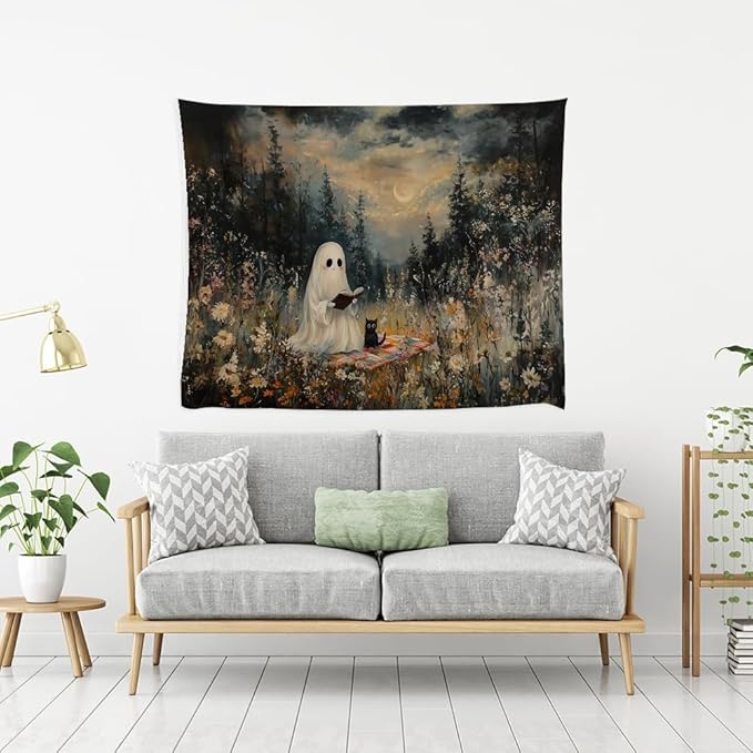 Halloween Ghost and Black Cat Tapestry Wall Hanging Spooky Ghos Reading Book in Wildflowers Wall Decor Halloween Witchy Room Aesthetic Tapestries for Goth Living Room Bedroom Decoration 30x40inch