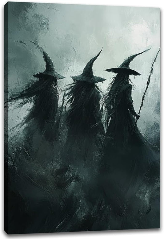 Gothic Witchs Horror Halloween Wall Art,Three Witches in Moody Forest Painting Wall Decor,Autumn Spooky Witches Forest Canvas Printing For Gallery Living Room Bedroom,8"x12" Framed