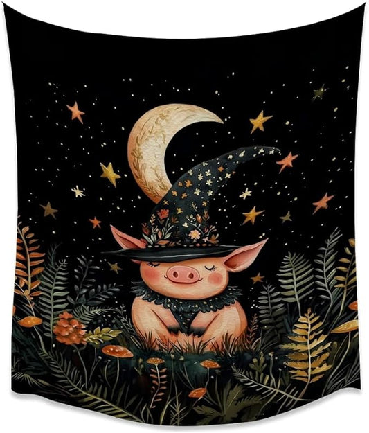 Whimsical Witch Pig Tapestry Wall Hanging Cute Farmhouse Animal Tapestry Aesthetic Moon and Stars Pictures Print Cottagecore Witchy Halloween Artwork Tapestries Decor for Living Room Bedroom 40x60inch