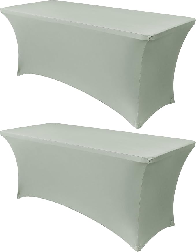 Obstal 2PC Sage Green Tablecloth - 8ft Rectangle Spandex Table Cover for Party, Events, Banquets & Weddings, Machine Washble