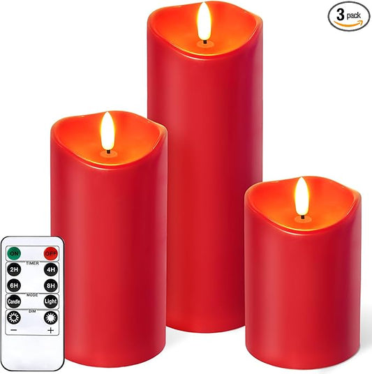 NURADA Outdoor Flameless Candles with Remote Timer - Waterproof Realistic Flickering LED Pillar Electric Battery Operated Fake Candle for Home Wedding Christmas Decor - 3 Pack Red(D3”H4”6”8”)