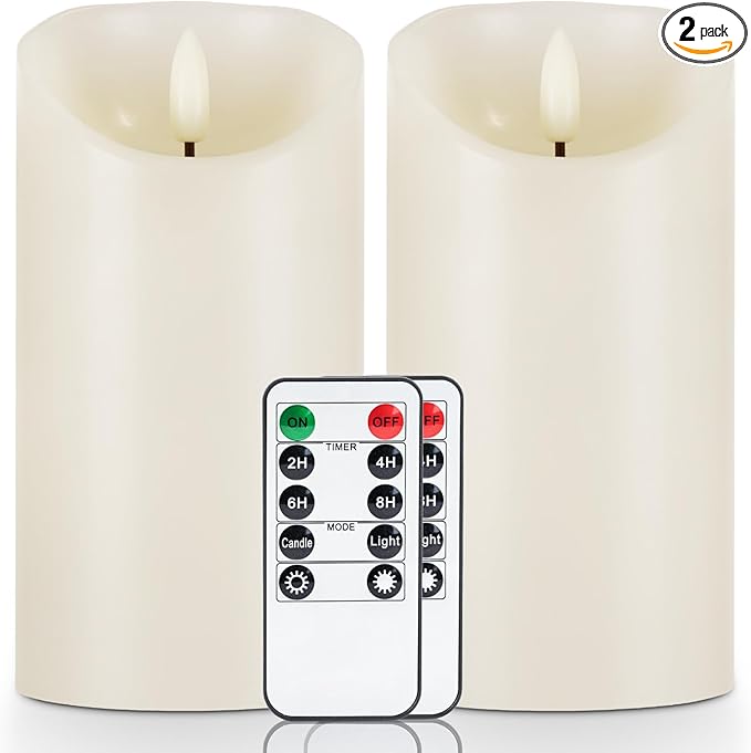 5plots 6" x 3" Flickering Flameless Candles - Battery Operated Wax LED Candles - Amber Yellow Light with Remote and Timers Set of 2, Ivory, for Home Decor, Candle Sconces