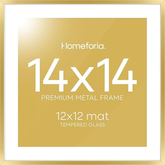 Homeforia 14x14 Picture Frame Gold, High End Metal 14 x 14 Square Poster Frame with Mat 12 x 12 Photo, 14x14 Frame Matted to 12x12 Print, 14by14 Gold Hanging Frames, Tempered Glass, Wall Kit, Set of 1