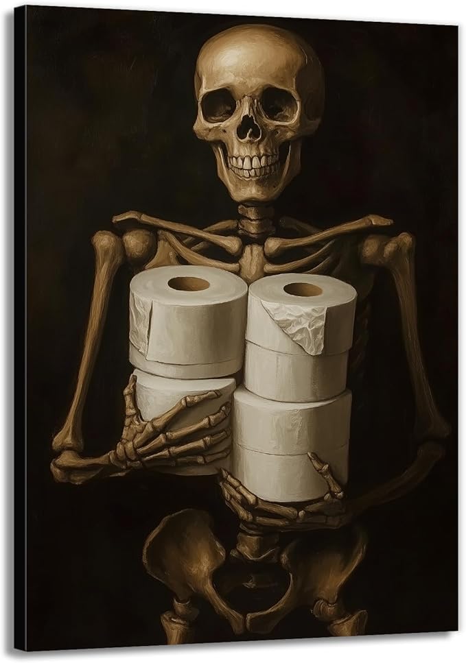 Gothic Skull Wall Art Funny Skeleton with Toilet Paper Canvas Print Vintage Skull Painting Framed Artwork for Living Room Home Halloween Wall Decor(Artwork-8,24"x36")