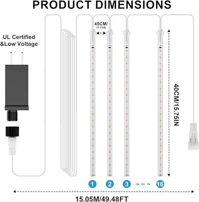 PEMOTech Christmas Lights Outdoor,16 Tubes 16 Inch 576 LED Meteor Shower Lights, Waterproof Christmas Decorations Icicle Light for Xmas Tree Halloween Party, Ul Plug,Cool White