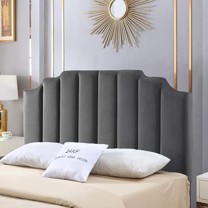 24KF Dark Gray Velvet Tufted Queen Upholstered Headboard, Modern Vertical Channel Design California Queen/Full Headboard with Stepped Silhouette Top Edge,Dark Gray