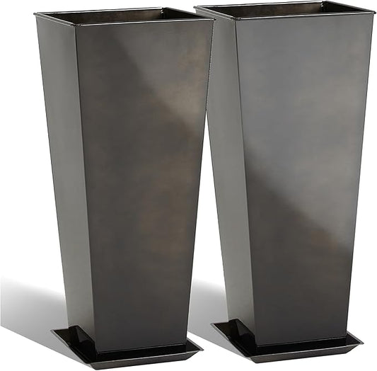 KOL 25''H. Bright Glazed Planter with Drainage Hole, Set of 2, Tall Galvanized Steel Planter Pots with Saucer for Indoor & Outdoor Use, Decorative Flower Plant Pots for Porch, Patio, Deck - Black