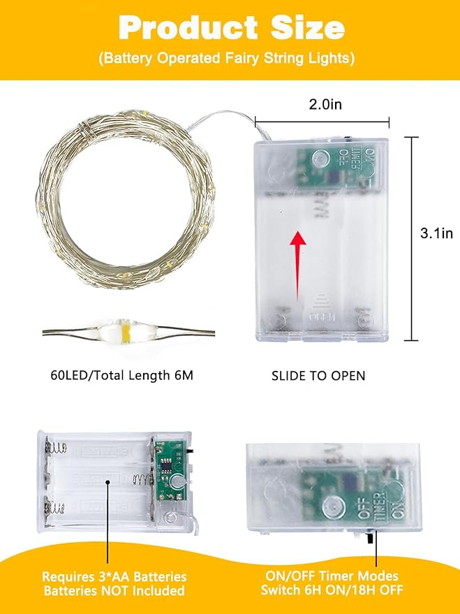 4 Pack 60 LED Fairy Lights Battery Operated with Timer, 20FT Waterproof Twinkle Lights Indoor Outdoor, Cuttable String Lights for Bedroom, Wedding, DIY, Centerpiece, Christmas Decorations (Warm White)