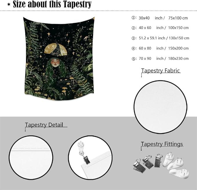 Moon Witch Tapestry Wall Hanging Mystical Botanical Green Print Dark Forest Witchy Decor Gothic Magical Black Cat and Moon Tapestries for Bedroom Living Room Dorm Decoration Aesthetic 70x90inch
