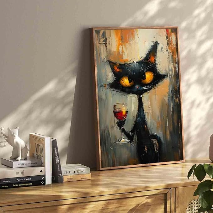 Funny Black Cat Wall Art Cute Black Cat Pictures Animal Abstract Painting Red Wine Wall Art Abstract Cat Cute Pictures Vintage Animal Pictures Funny Painting Living Room Decor 16x24inch No Frame