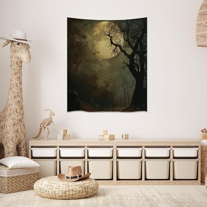 Moon Tapestry Halloween wall Decor Vintage Dark Academia Bedroom Tapestries Retro Art Aesthetic Wall Tapestry for Bedroom Dorm Living Room white