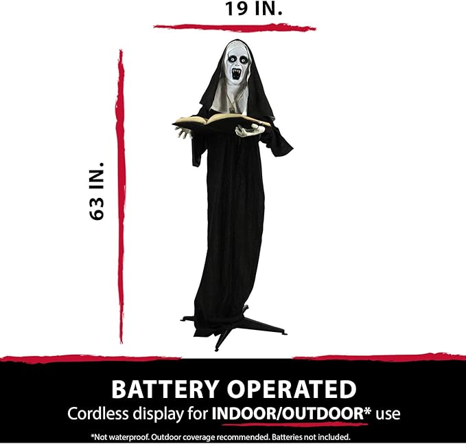 Haunted Hill Farm Life-Size Scary Talking Witch Nun Halloween Animatronic with Touch Activated Lights and Sound, Poseable, Battery Operated Indoor or Covered Outdoor Creepy Halloween Decorations