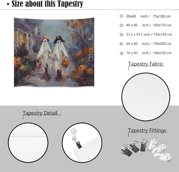 Funny Halloween Ghost Tapestry Wall Hanging Cute Kids Nursery Room Decor Trick or Treat Art Print Goth Fall Pumpkin Ghost Tapestries for Living Room Bedroom wall Decor 70x90inch