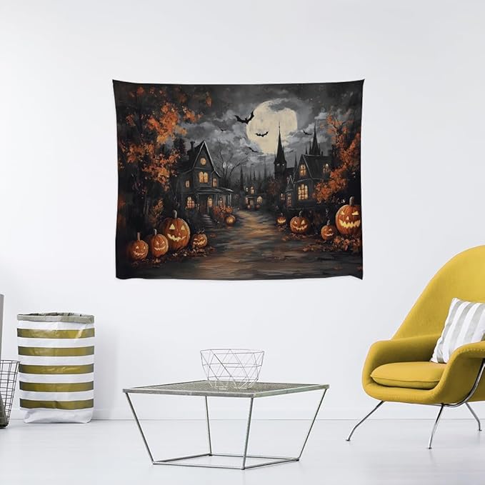 Spooky Halloween Tapestry Haunted Home Bats Pumpkin Tapestry Wall Hanging Dark Academia Fall Full Moon Decor Gothic Ghost Tapestries for bedroom Living Room Decoration 70x90inch