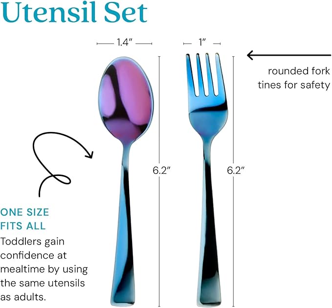 Ahimsa Stainless Steel Kids Utensils - Kids Fork and Spoon Set, Pediatrician Designed Toddler Utensils, 100% BPA Free & Dishwasher Safe (Iridescent Blue)