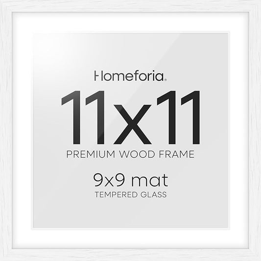 Homeforia 11x11 Picture Frame White, High-End Oak 11 x 11 Square Wooden Frames with Mat 9 by 9 inch Photo, 11by11 Wood Frame Matted to 9x9 Print, Wall Hanging Frame, Tempered Glass, Wall Kit, Set of 1