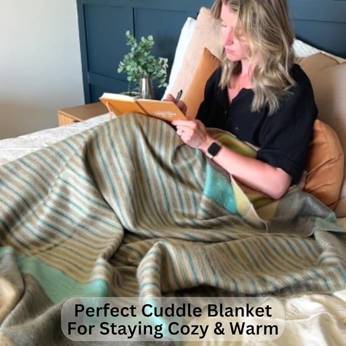 Alpaca Wool Throw Blanket | Super Soft, Lightweight, Breathable and Hypoallergenic | Non-Itchy or Scratchy (Green Gray Varicolored, Queen (U.S. Standard))