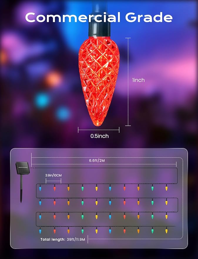 Brightown Solar Operated C6 Strawberry String Lights, 39ft 100 LEDs Multicolor LED Christmas Fairy Lights, Solar Christmas Lights Outdoor, Christmas Decorations for Christmas Tree, Garden Decor