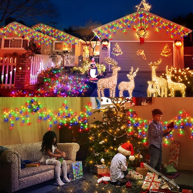 KNONEW 164FT 1600 LED Christmas Lights Outdoor Decoration Multicolor with 320 Drops, 8 Modes Timer Hanging Fairy String Lights Plug in Waterproof Indoor Decor for Holiday Wedding Party Window Garden