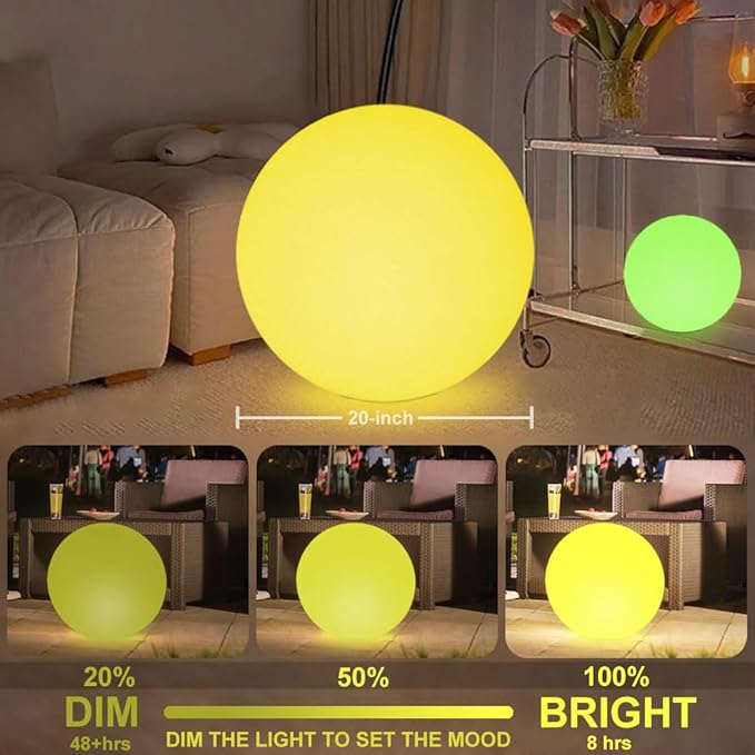 Large LED Glowing Ball Light, 20-in Outdoor LED Garden Orb Lights, Rechargeable Globe Lights RGB Color Changing Globe Floor Lamp Mood Lamp w/Remote, Waterproof Light Up Ball Light for Patio Lawn Decor