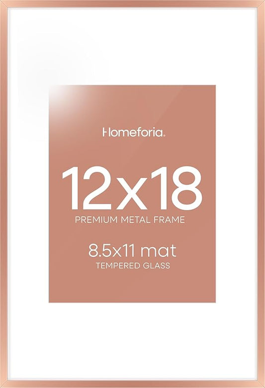 Homeforia 12x18 Picture Frame Rose Gold, High End Metal 12x18 Poster Frames with Mat 8.5x11 in Photo, 12 x 18 Rose Gold Frame Matted to 8.5 by 11 Print, 18x12 Frame, Tempered Glass, Wall Kit, Set of 1