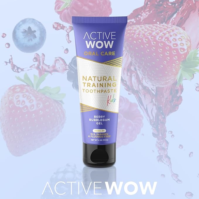 Active Wow Training Toothpaste – Fluoride-Free, Toddler-Safe, Gentle, Vegan, Safe to Swallow – Berry Bubblegum, 1 Pack