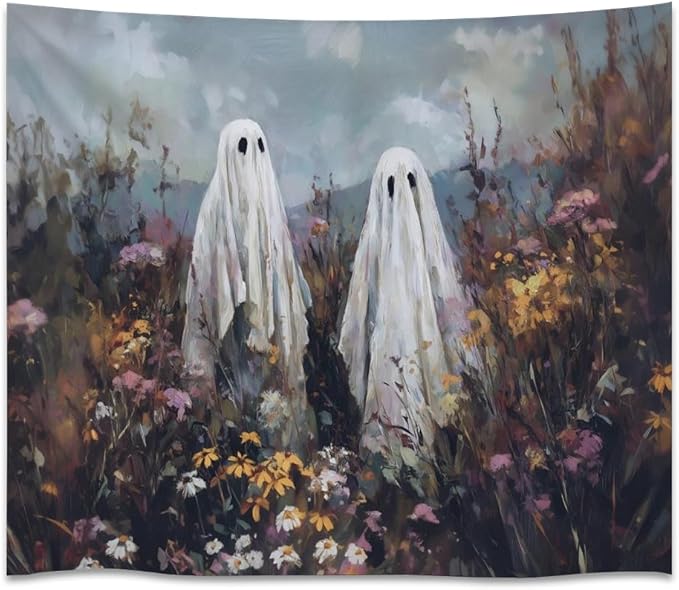 Halloween Ghosts in Wildflowers Tapestry Wall Hanging Spooky Cute Ghost Floral Tapestries Victoria Moody Artwork Aesthetic Print for Goth Living Room Bedroom wall Decor 40x60inch