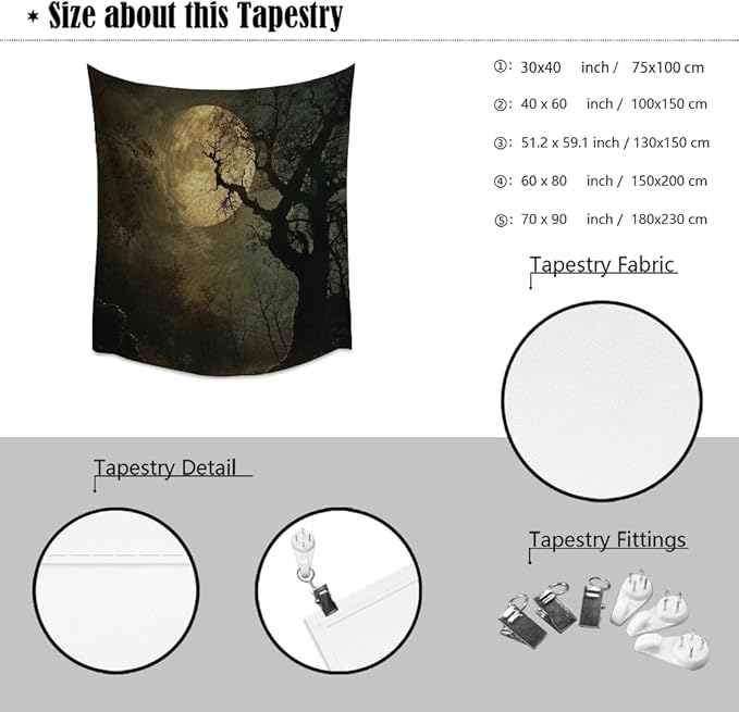 Moon Tapestry Halloween wall Decor Vintage Dark Academia Bedroom Tapestries Retro Art Aesthetic Wall Tapestry for Bedroom Dorm Living Room white
