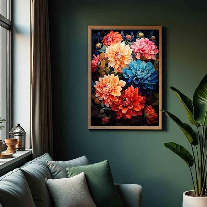Dahlia Canvas Wall Art Abstract Flower Poster Pink Flower Painting Colorful Flowers Picture Blue Dahlia Wall Art Pink Floral Picture Plant Modern Living Room Decor 16x24inch No Frame