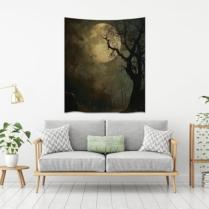 Moon Tapestry Halloween wall Decor Vintage Dark Academia Bedroom Tapestries Retro Art Aesthetic Wall Tapestry for Bedroom Dorm Living Room white